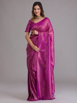 Koskii - Purple Zariwork Art Silk Saree With Unstitched Blouse