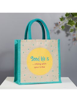HomeTown - Good Life Jute Reversible Wanderlust Printed Lunch Bag 25.5 X 25.5 Cm In Turq Colour