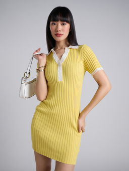 MIXT by Nykaa Fashion - Lemon Yellow Solid Collared Mini Bodycon Ribbed Dress