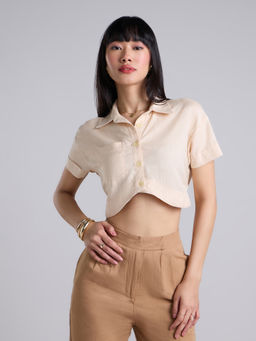 MIXT by Nykaa Fashion - Beige Solid Short Sleeves Curved Hem Linen Shirt