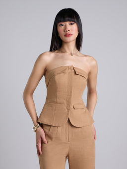 MIXT by Nykaa Fashion - Khaki Brown Solid Tube Collar Neck Korean Linen Top