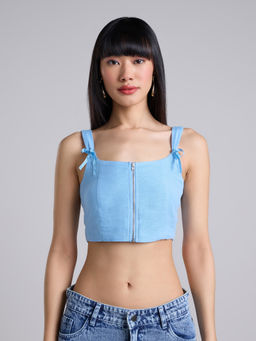 MIXT by Nykaa Fashion - Light Blue Solid Square Neck Strappy Linen Crop Top