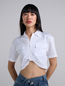 MIXT by Nykaa Fashion - White Solid Knot Detail Short Sleeves Crop Shirt