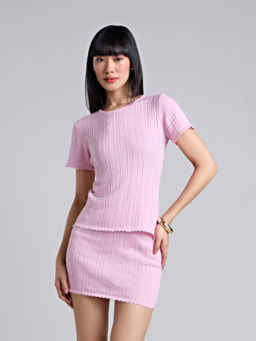 MIXT by Nykaa Fashion - Pink Textured Round Neck Top & Mini Skirt Co-Ord (Set of 2)