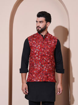 Zamour - Red Floral Nehru Jacket