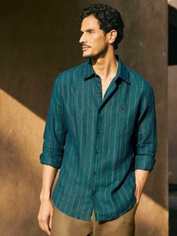 Andamen - Men Pure Linen Solid Delave Slim Fit Casual Shirt - Teal