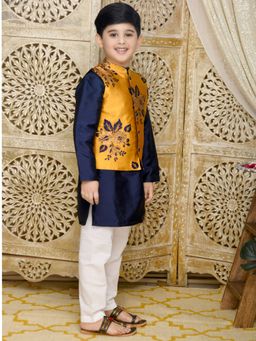 SAKA DESIGNS - Mustard Foil Print Jacket for Boys with Blue Kurta and Pyjama (Set of 3)