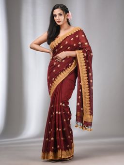 CHARUKRITI - Maroon Blended Cotton Handwoven Saree with Flower Motifs with Unstitched Blouse