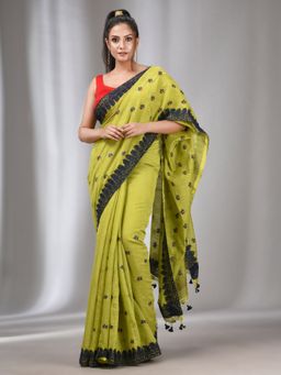 CHARUKRITI - Lime Green Blended Cotton Handwoven Saree with Flower Motifs with Unstitched Blouse