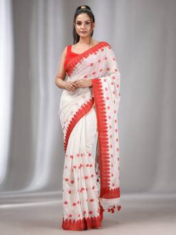 CHARUKRITI - White Blended Cotton Handwoven Saree with Flower Motifs with Unstitched Blouse