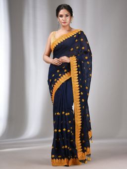 CHARUKRITI - Navy Blue Blended Cotton Handwoven Saree with Flower Motifs with Unstitched Blouse