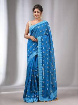 CHARUKRITI - Teal Blue Blended Cotton Handwoven Saree with Flower Motifs with Unstitched Blouse