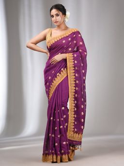 CHARUKRITI - Purple Blended Cotton Handwoven Saree with Flower Motifs with Unstitched Blouse