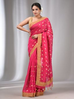 CHARUKRITI - Rani Pink Blended Cotton Handwoven Saree with Flower Motifs with Unstitched Blouse