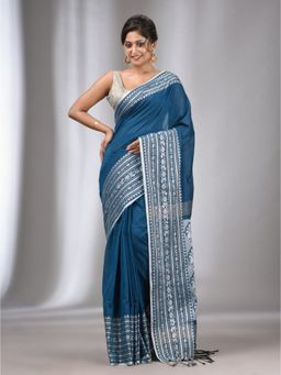 CHARUKRITI - Teal Blue Cotton Handwoven Soft Saree with Nakshi Border with Unstitched Blouse