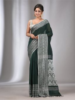 CHARUKRITI - Emerald Green Cotton Handwoven Soft Saree with Nakshi Border with Unstitched Blouse
