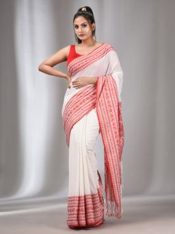 CHARUKRITI - White Cotton Handwoven Soft Saree with Nakshi Designs with Unstitched Blouse