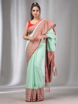 CHARUKRITI - Mint Green Cotton Handwoven Soft Saree with Nakshi Border with Unstitched Blouse