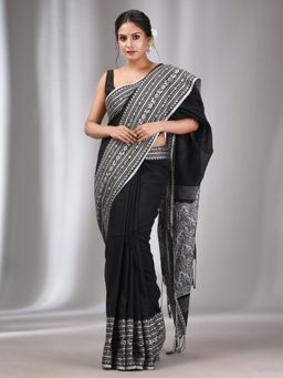 CHARUKRITI - Black Cotton Handwoven Soft Saree with Nakshi Border with Unstitched Blouse