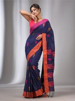 CHARUKRITI - Blue Cotton Handwoven Soft Saree with Animal Motifs with Unstitched Blouse