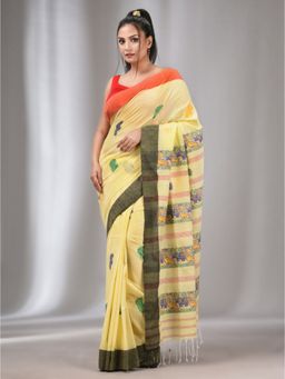 CHARUKRITI - Light Yellow Cotton Handwoven Saree with Animal Designs with Unstitched Blouse