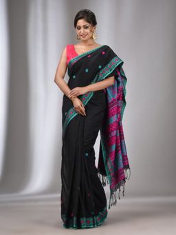 CHARUKRITI - Black Cotton Handwoven Soft Saree with Texture Border with Unstitched Blouse