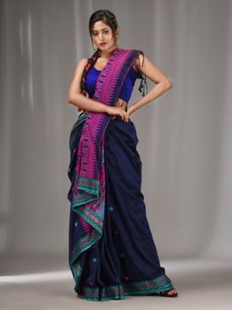 CHARUKRITI - Navy Blue Cotton Handwoven Soft Saree with Texture Border with Unstitched Blouse