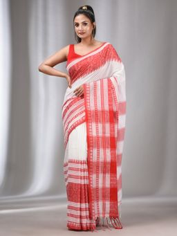 CHARUKRITI - White Cotton Handwoven Soft Saree with Texture Designs with Unstitched Blouse