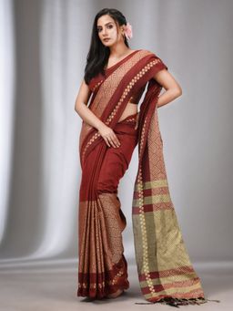 CHARUKRITI - Maroon Cotton Handwoven Saree with Texture Designs with Unstitched Blouse