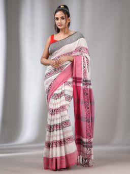 CHARUKRITI - White & Pink Cotton Handwoven Soft Saree with Nakshi Designs with Unstitched Blouse