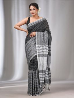 CHARUKRITI - Black Cotton Handwoven Saree with Stripes Designs with Unstitched Blouse