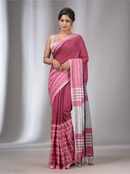 CHARUKRITI - Pink Cotton Handwoven Saree with Stripes Designs with Unstitched Blouse