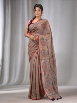 CHARUKRITI - Beige Cotton Kantha Stitch Handwoven Saree