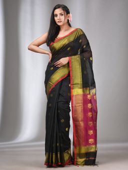 CHARUKRITI - Black Cotton Silk Handwoven Saree with Zari Border with Unstitched Blouse