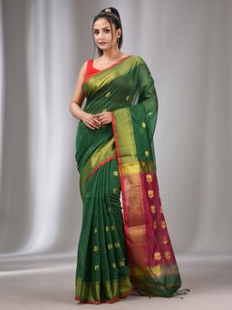 CHARUKRITI - Green Cotton Silk Handwoven Saree with Zari Border with Unstitched Blouse