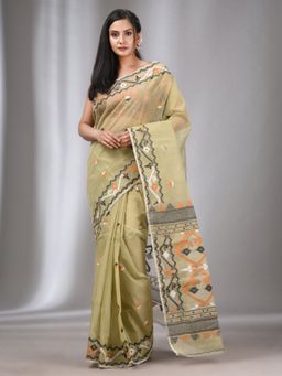 CHARUKRITI - Ecru Silk Cotton Handwoven Soft Jamdani Saree