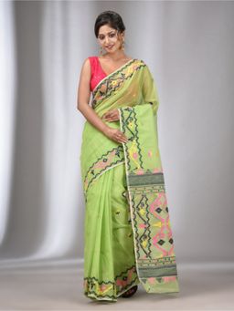 CHARUKRITI - Light Green Silk Cotton Handwoven Soft Jamdani Saree