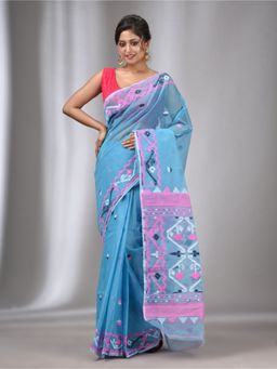CHARUKRITI - Sky Blue Silk Cotton Handwoven Soft Jamdani Saree