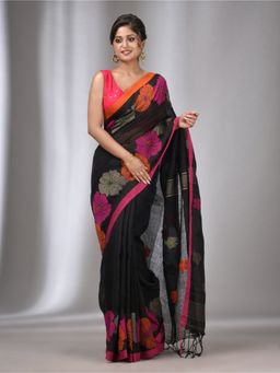 CHARUKRITI - Black Linen Handwoven Saree with Flower Motifs with Unstitched Blouse