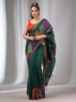 CHARUKRITI - Bottle Green Linen Handwoven Saree with Flower Motifs with Unstitched Blouse