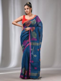 CHARUKRITI - Sapphire Blue Linen Handwoven Saree with Flower Motifs with Unstitched Blouse