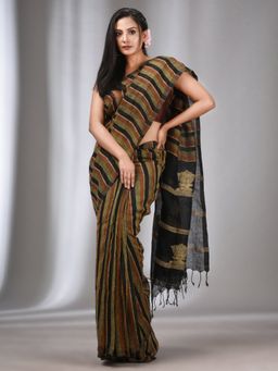 CHARUKRITI - Multicolor Linen Handwoven Soft Saree with Ghicha Pallu with Unstitched Blouse