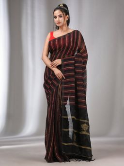 CHARUKRITI - Black & Maroon Linen Handwoven Soft Saree with Ghicha Pallu with Unstitched Blouse