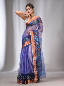 CHARUKRITI - Violet Muslin Tissue Handwoven Saree with Zari Border with Unstitched Blouse