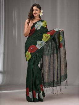 CHARUKRITI - Emerald Green Matka Handwoven Saree with Flower Border with Unstitched Blouse