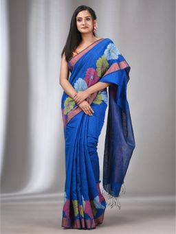 CHARUKRITI - Sapphire Blue Matka Handwoven Saree with Flower Border with Unstitched Blouse