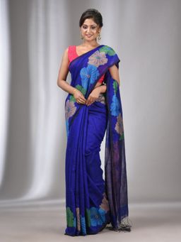 CHARUKRITI - Blue Matka Handwoven Saree with Flower Border with Unstitched Blouse