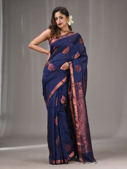 CHARUKRITI - Navy Blue Silk Matka Handwoven Saree with Woven Zari Border with Unstitched Blouse