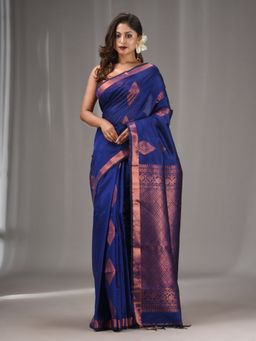 CHARUKRITI - Navy Blue Silk Matka Handwoven Saree with Texture Designs with Unstitched Blouse