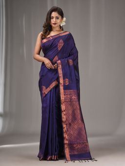 CHARUKRITI - Midnight Blue Silk Matka Handwoven Saree with Texture Designs with Unstitched Blouse